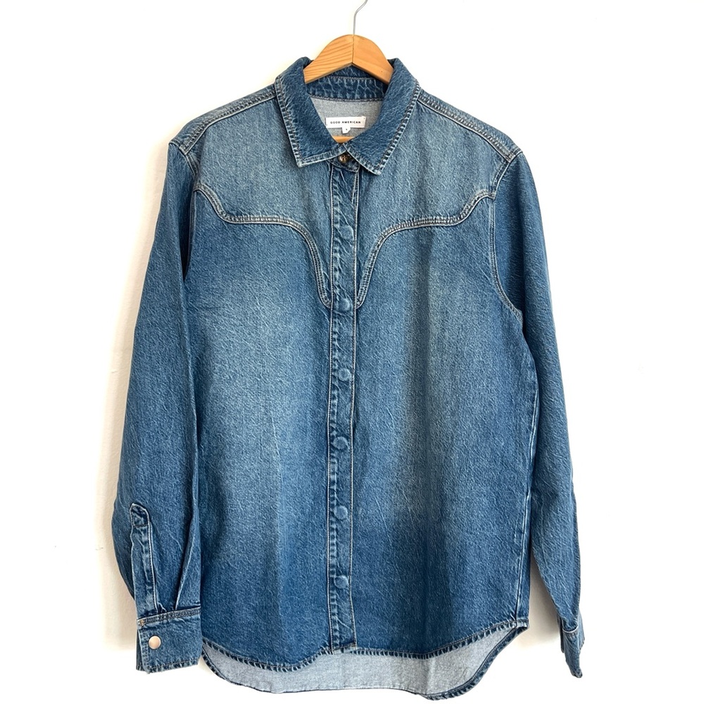 Good American Oversized Rodeo Easy Denim Button Shirt  Size M #denim #shirts